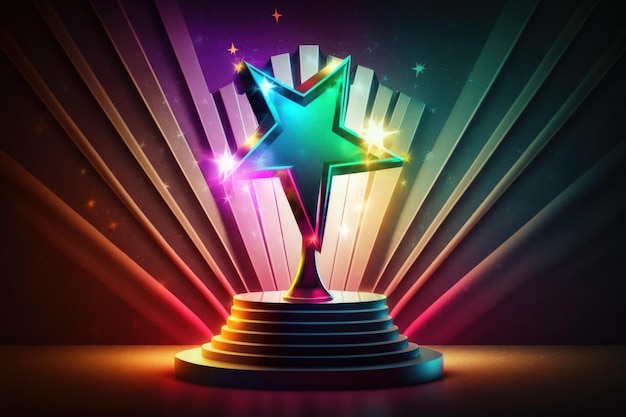 Star shape trophy with color light against stage curtain as background