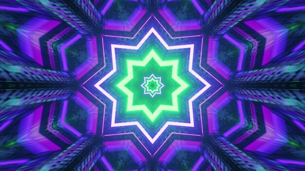 Star shaped kaleidoscope ornament with neon lights 4K UHD 3d illustration