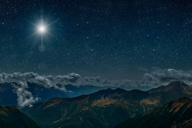 The star shines over the manger of christmas of Jesus Christ. panorama