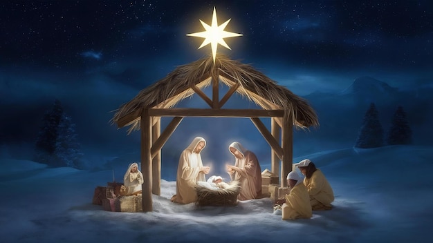 Photo the star shines over the manger of christmas of jesus christ