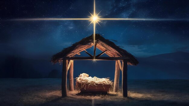 Foto la stella splende sulla culla di natale di gesù cristo