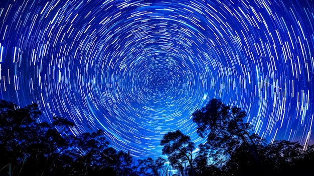 Foto tracce di stelle sul cielo notturno della foresta