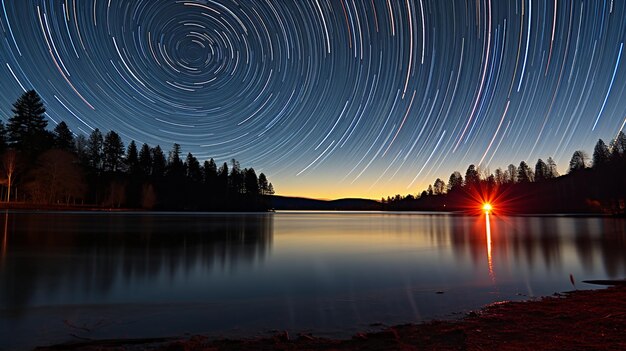 夕暮れ時の湖の上の星の軌跡