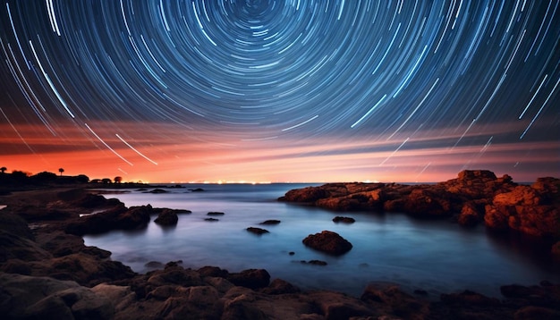 Foto tracce di stelle sopra l'oceano di notte