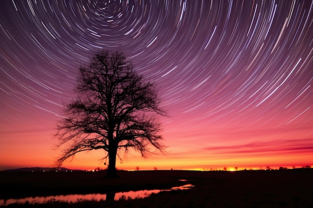 Star trails surrounding the silhouette of a lone tree in a field created with generative ai