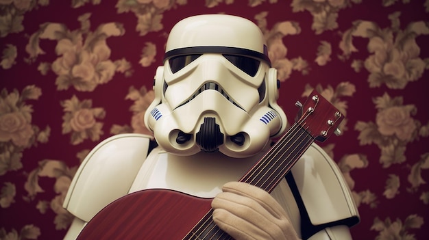 a star wars character holding a guitar and wearing a star wars costume.