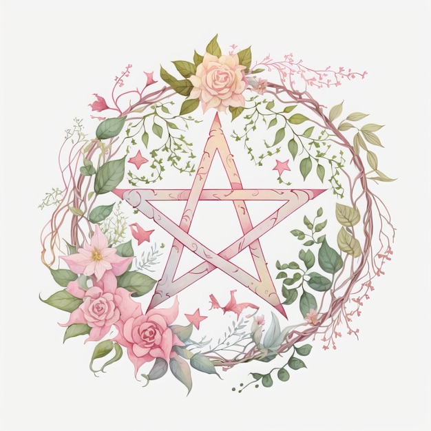 A star with pink roses and leaves around it.