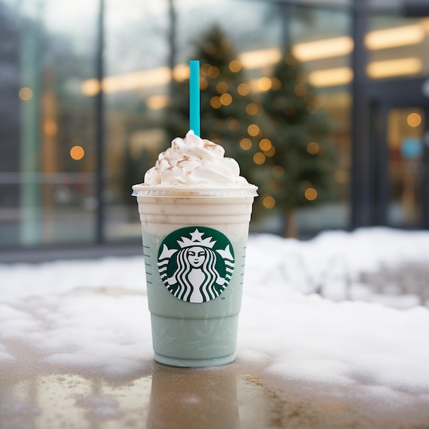 Photo starbucks frappucino in a glass with whipped cream in a cafe