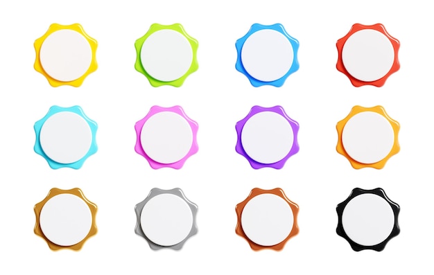 Starburst sticker 3d render set verzameling ronde sun burst of stervorm badges voor promo