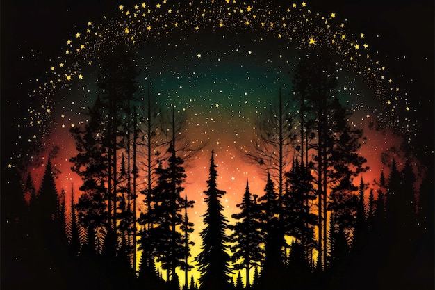 針葉樹の樹冠のシルエットを通して星降る夜