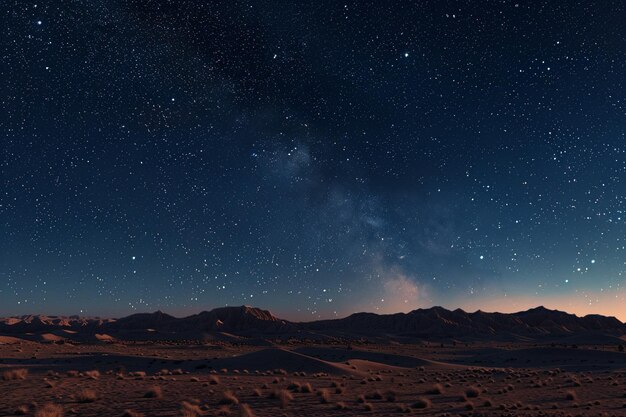 A starfilled sky over a desert landscape