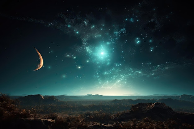 Starfilled sky with distant exoplanet floating among the stars created with generative ai