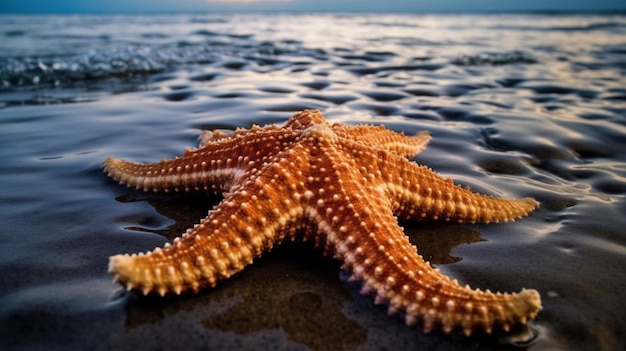 Starfish on the beach at sunset