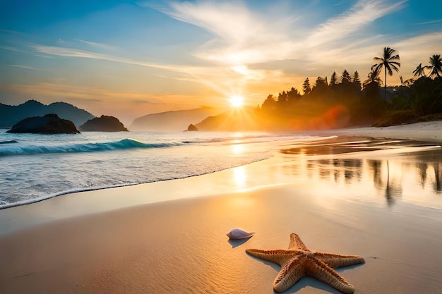 Starfish on the beach at sunset