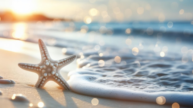 Foto stella di mare sulla spiaggia con effetto bokeh
