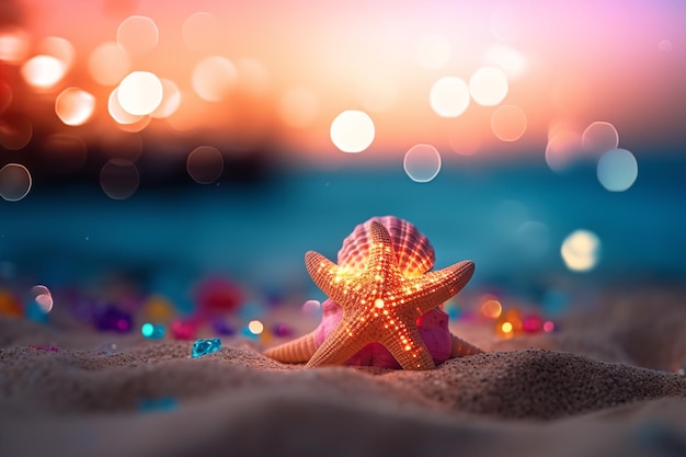 A starfish on a beach with a colorful background