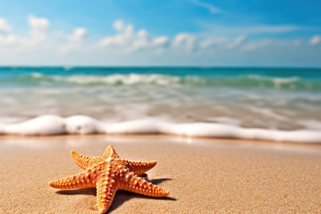 Starfish on the beach with the ocean in the background