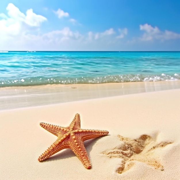 A starfish on a beach with the ocean in the background