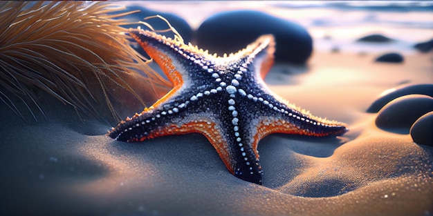A starfish on a beach with rocks and a beach in the background.
