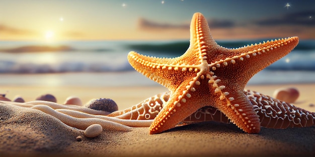 A starfish on the beach with rocks and sea stones