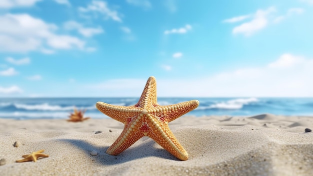 A starfish on a beach with the sky in the background