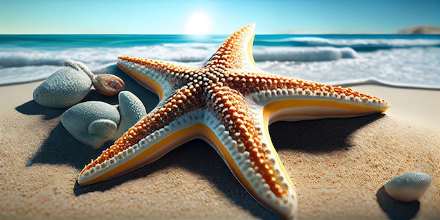 Starfish on the beach with stones and starfish