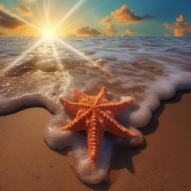 Foto stelle marine su una spiaggia con raggio di sole ia generativa