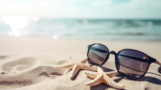 Starfish on the beach with sunglasses on the sand