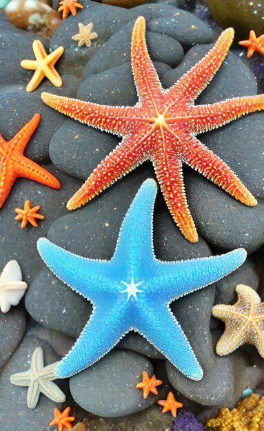 Starfish on a black stone covered in water