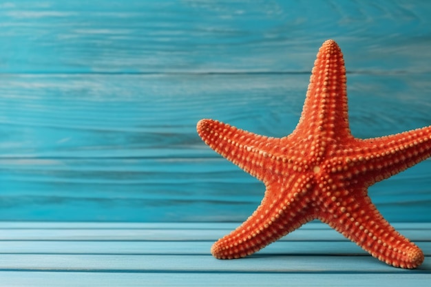 A starfish on a blue wooden background