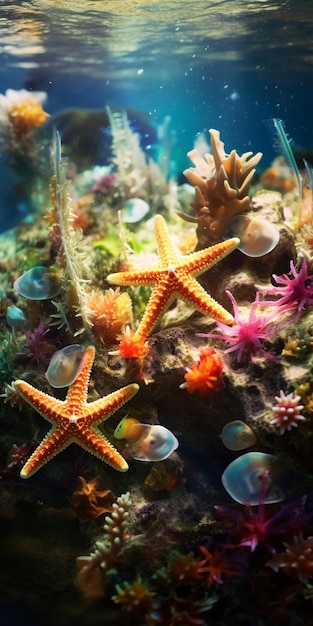 Морская звезда в коралловом рифе с голубым фоном