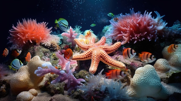 A starfish and fish in a coral reef Generative AI Art