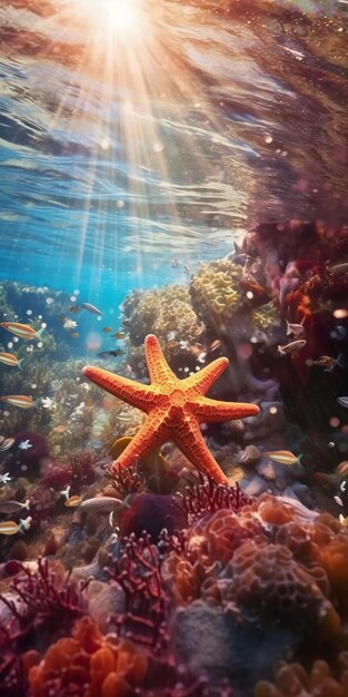 A starfish and a fish swimming in the ocean