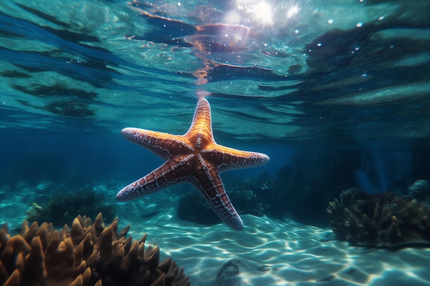 A starfish floats in the water with the sun shining on it