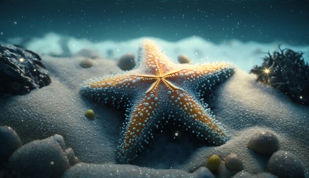 A starfish is on the beach in the ocean.