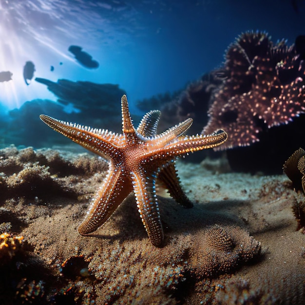 A starfish is on the bottom of a seabed with other animals.
