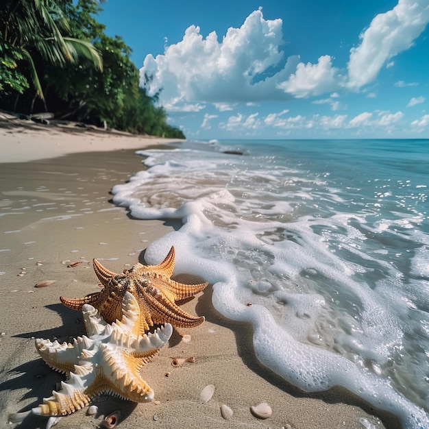 a starfish is laying on the beach and the ocean is in the background