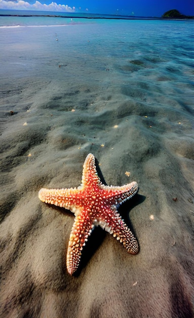 A starfish is laying on the sand at the beach.