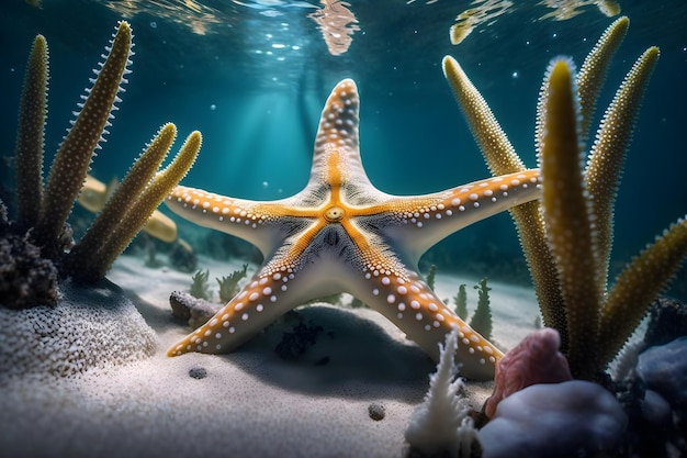 A starfish is shown in the water with the sun shining on it.