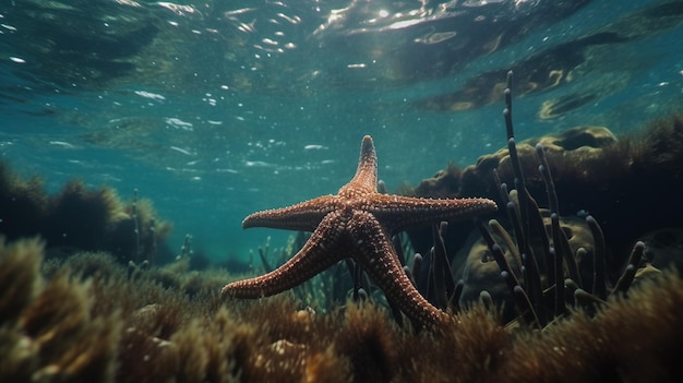 A starfish is swimming in the ocean.