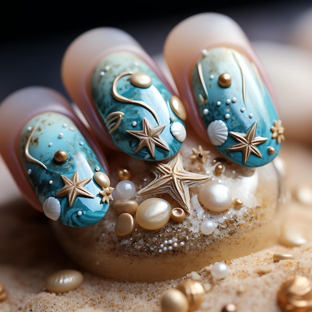 Дизайн ногтей в виде морской звезды. Мягкие синие и бежевые цвета. Концепция пляжного фильтра. Креативная художественная фотосессия.