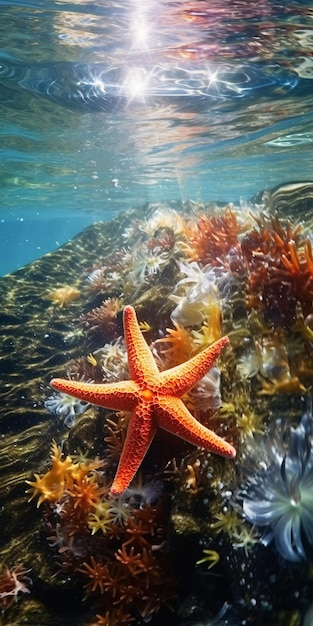 太陽が水面に輝いている海のヒトデ