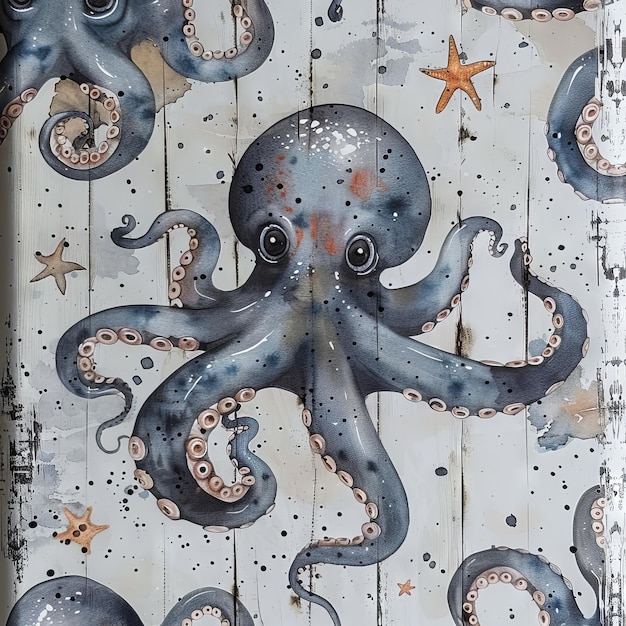 Starfish and octopuses on white with handpainted watercolor marine objects and underwater inhabitants