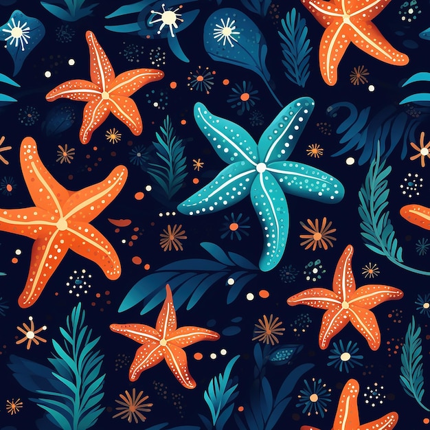 starfish pattern on navy blue background in the style of dark teal and orange sparklecore