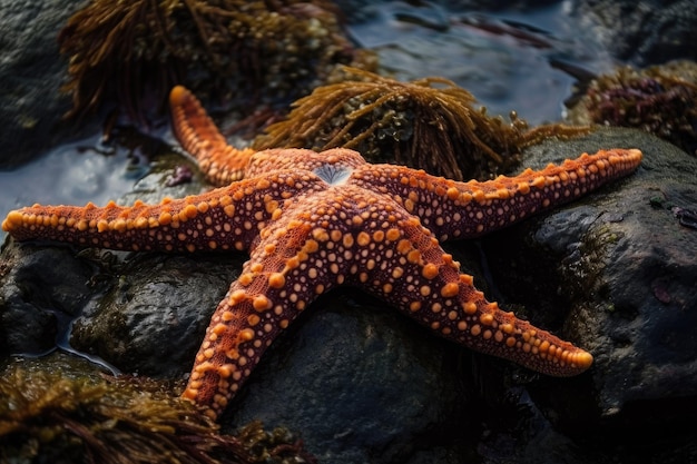 Starfish resting on a rock covered in seaweed in an oceanic environment Generative AI