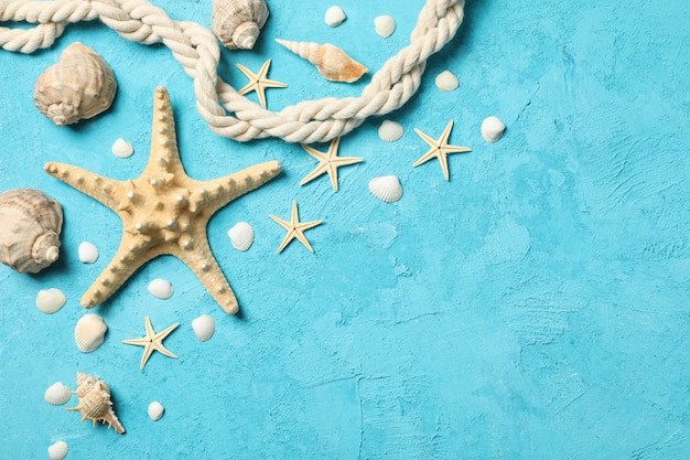Starfish, rope and seashells on blue, space for text