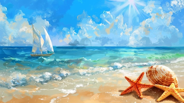 Foto pittura di stelle marine e barche a vela sulla spiaggia