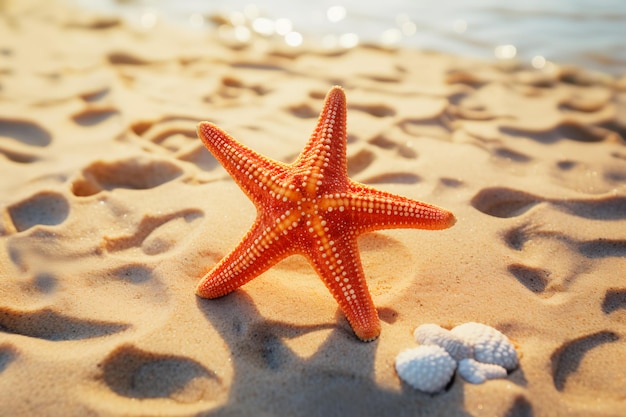 Звезда моря на песке на пляже среди ракушек Фото отдыха летом, сгенерированное ИИ