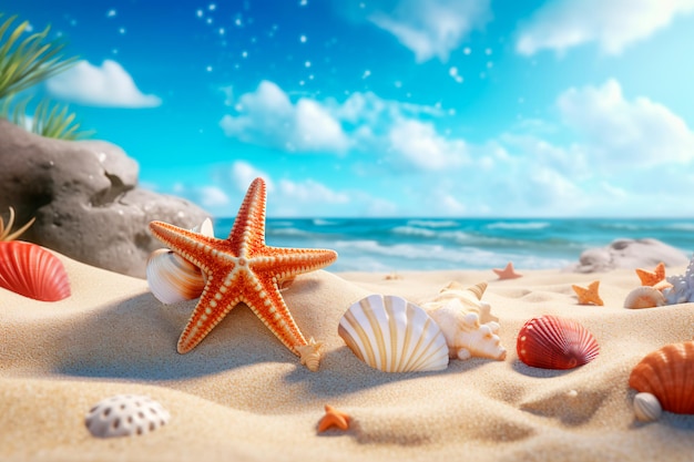 Starfish on the sand on the beach among seashells Summer vacation photo AI Generated