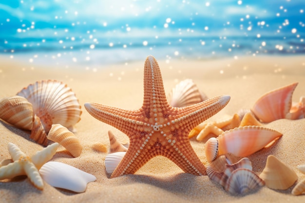 Starfish on the sand on the beach among seashells Summer vacation photo AI Generated